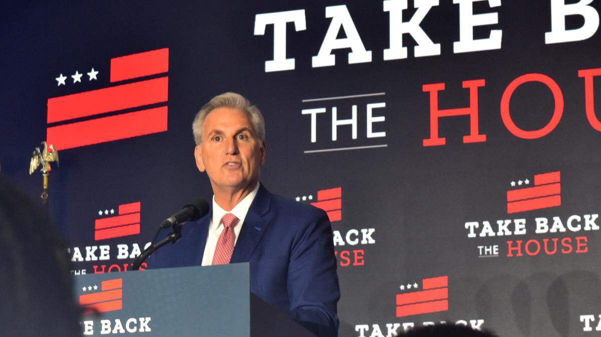 House Minority Leader Kevin McCarthy, R-Bakersfield, speaks to supporters and reporters at the “Take Back the House” election watch party in Washington, D.C., around 2 a.m. Eastern Time on Wednesday, Nov. 9, 2022. McCarthy is likely to become the next Speaker of the House.