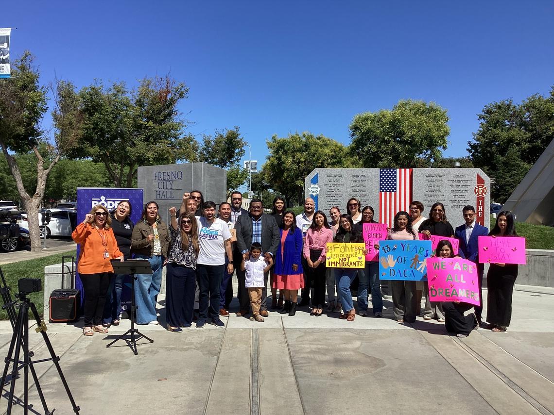 Norberto González, California State Director, Poder Latinx, with community member in downtown Fresno on Friday, June 13 in support of DACA recipients. Community demand urgent action to protect Dreamers and immigrant families in the Central Valley.