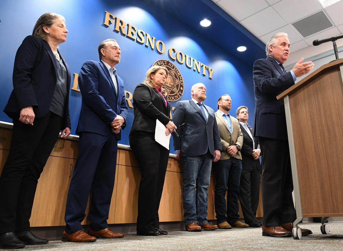 Assemblyman Jim Patterson, flanked by law enforcement, education, and local government representatives, speaks at a Monday, March 28, 2022, press conference, announcing legislative efforts he’s introducing that would create a new state grant to fund outreach, prevention and awareness of the fentanyl crisis.