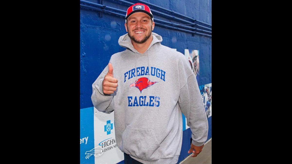 After Buffalo Bills quarterback Josh Allen wore an old Firebaugh High hoodie to a Oct. 4, 2021, Bills home game, demand for the sweatshirt soared to the point where school officials made a deal with a Bills-owned merchandising shop to sell the hoodie. Proceeds will benefit Firebaugh High, per Allen’s wishes.