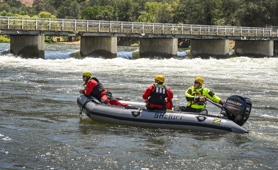 Fresno County Sheriff’s Office search and rescue team members return upriver to a boat launch near the Pine Flat Dam after reports that a boy’s body had been recovered on the Kings River on Monday, May 22, 2023. A 4-year-old boy and his 8-year-old sister drowned when they fell into the river over the weekend.