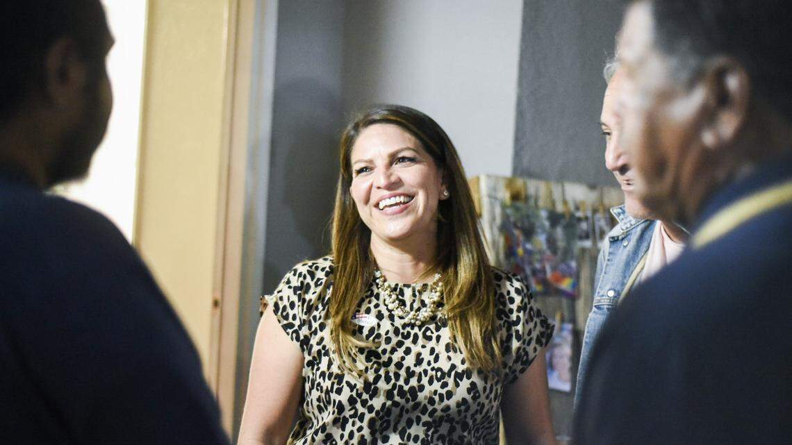 Assembly candidate Esmeralda Soria is shown talking with supporters during her election night party in Merced, CA on June 7, 2022.