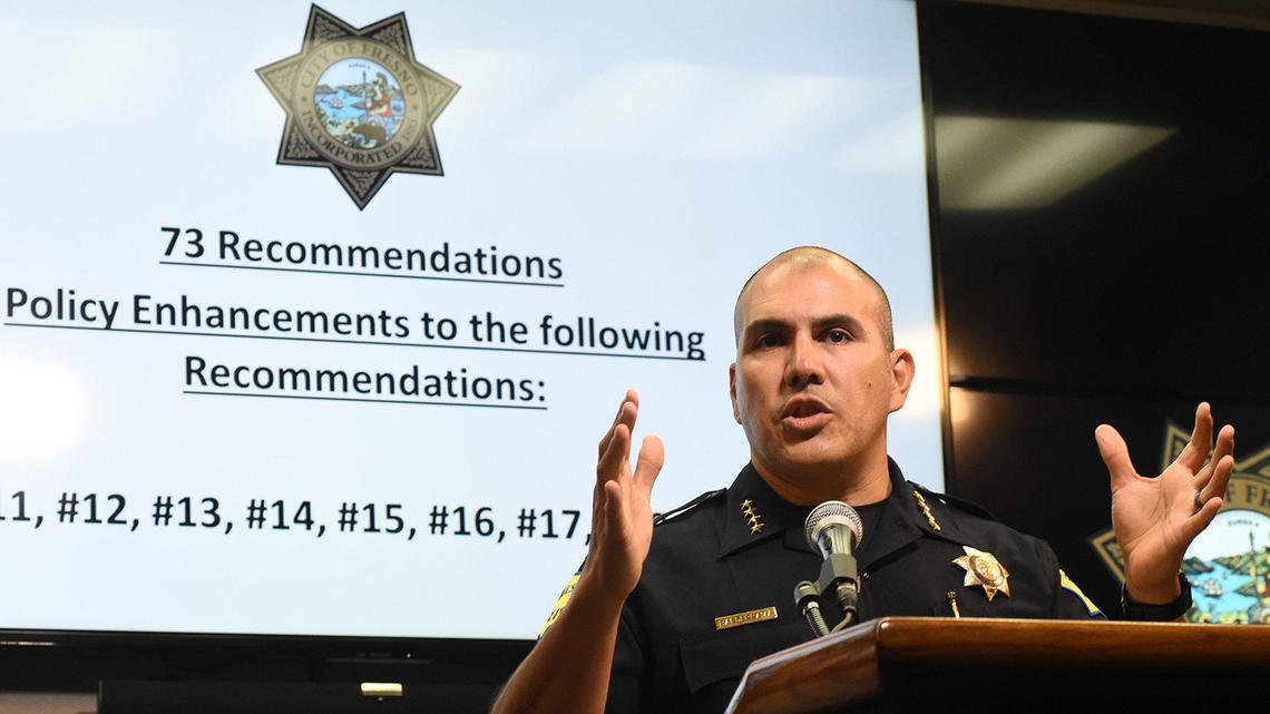 Fresno Police Chief Paco Balderrama talks about his review of the Police Reform Commission recommendations, and one in particular that he won’t support, the removal of school resource officers, during a press conference, Friday Aug. 3, 2021.