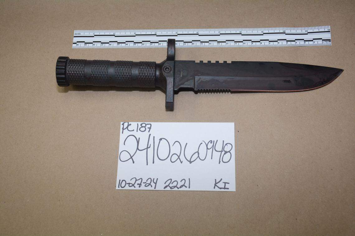 The knife Fresno police said was used by Andy Morales in the killing of Mario Ternora on Saturday, Oct. 26, 2024, according to police. The victim had been stabbed and shot, interim Chief Mindy Casto said.
