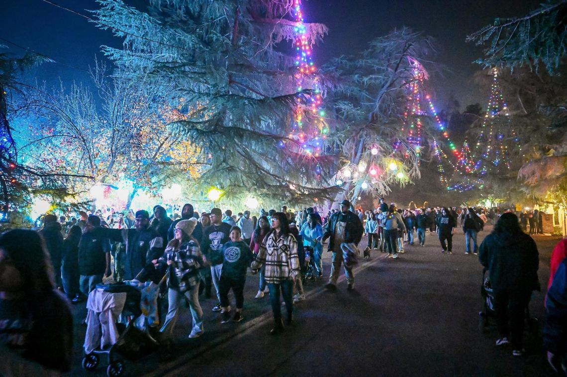 Holiday revelers walk below the deodar cedars and homes lit up for the holidays along Christmas Tree Lane in Fresno’s Old Fig Garden neighborhood on the first of two walk-only nights on Tuesday, Dec. 3, 2024.