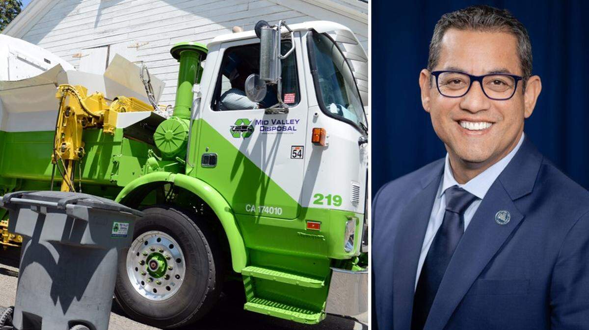 A Mid Valley Disposal truck, shown at left in a 2013 file photo, makes its rounds near downtown Fresno. The company is one of two that provide trash-collection services to commercial customers in the city of Fresno. Fresno City Councilmember Miguel Arias, right, is being investigated by the state Fair Political Practices Commission for a potential conflict of interest by accepting a flight aboard a private jet from Mid Valley president Joseph Kalpakoff in March 2023. Arias said he later paid for the full cost of the flight with a personal check.