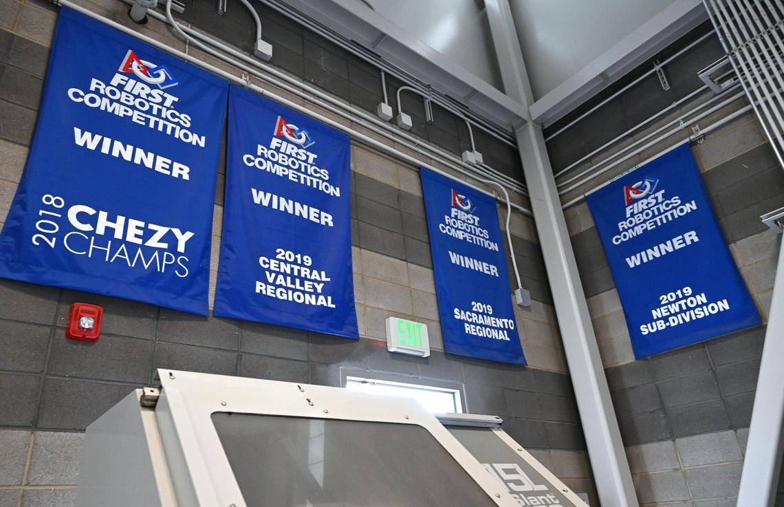 Winning banners from past years celebrate Madera Unified’s MadTown Robotics 1323 team’s wins over the years. Photographed Tuesday, May 13, 2025 in Madera.