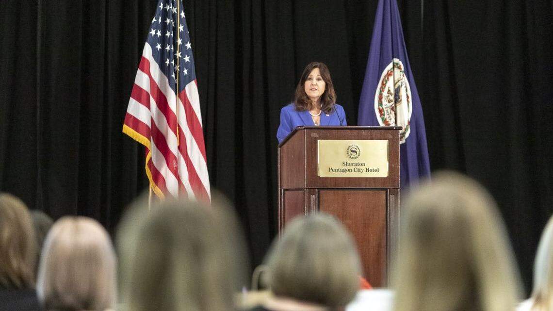 Karen Pence, wife of U.S. Vice President Mike Pence, talks to military spouses in May 2019 at a Military Spouse of the Year event in Arlington, Virginia. She will be discussing employment for military spouses on July 10, 2019, at Lemoore Naval Air Station in Lemoore, California.