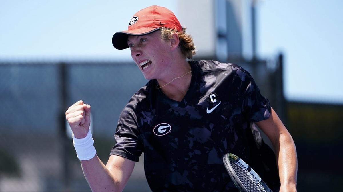 Ethan Quinn of the University of Georgia reacts during the 2023 NCAA Division I men’s tennis championship at the USTA National Campus in Orlando, Florida on Saturday, May 27, 2023.