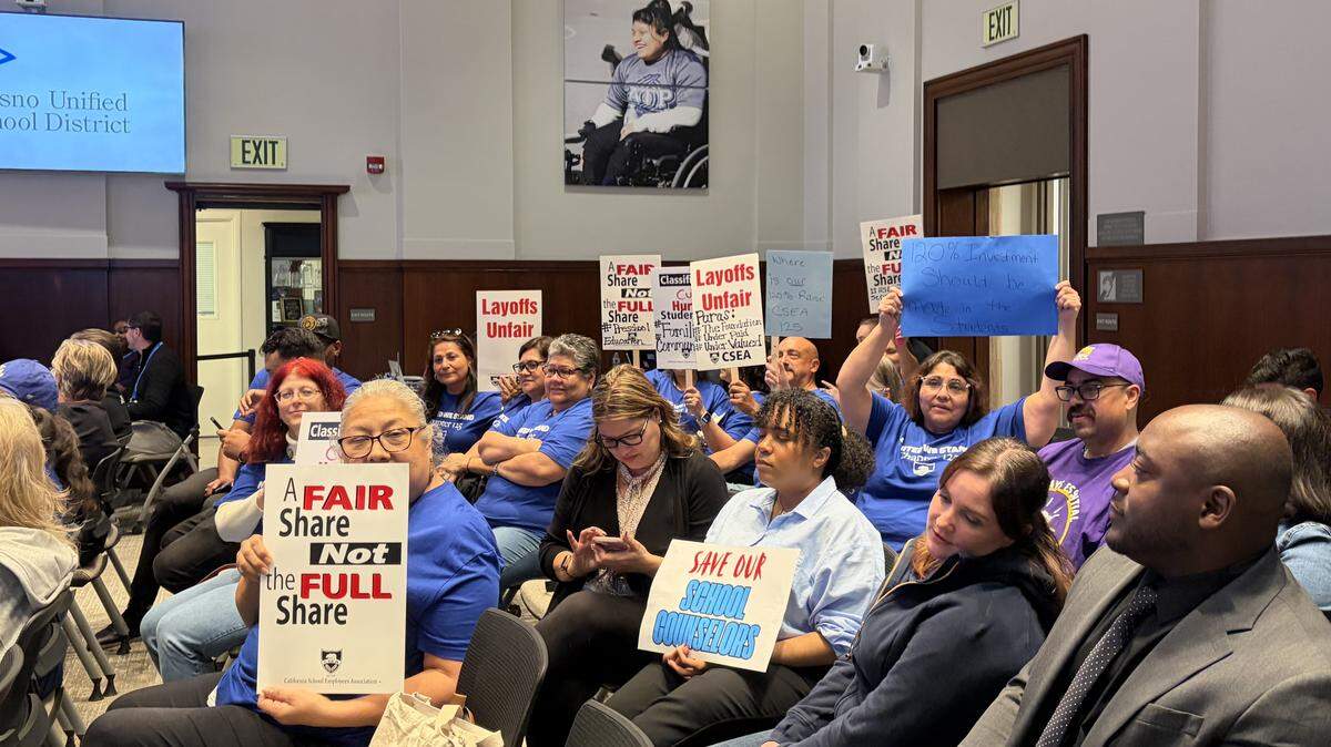 Fresno Unified employees packed the board room on Feb. 25 to oppose the layoff plan.