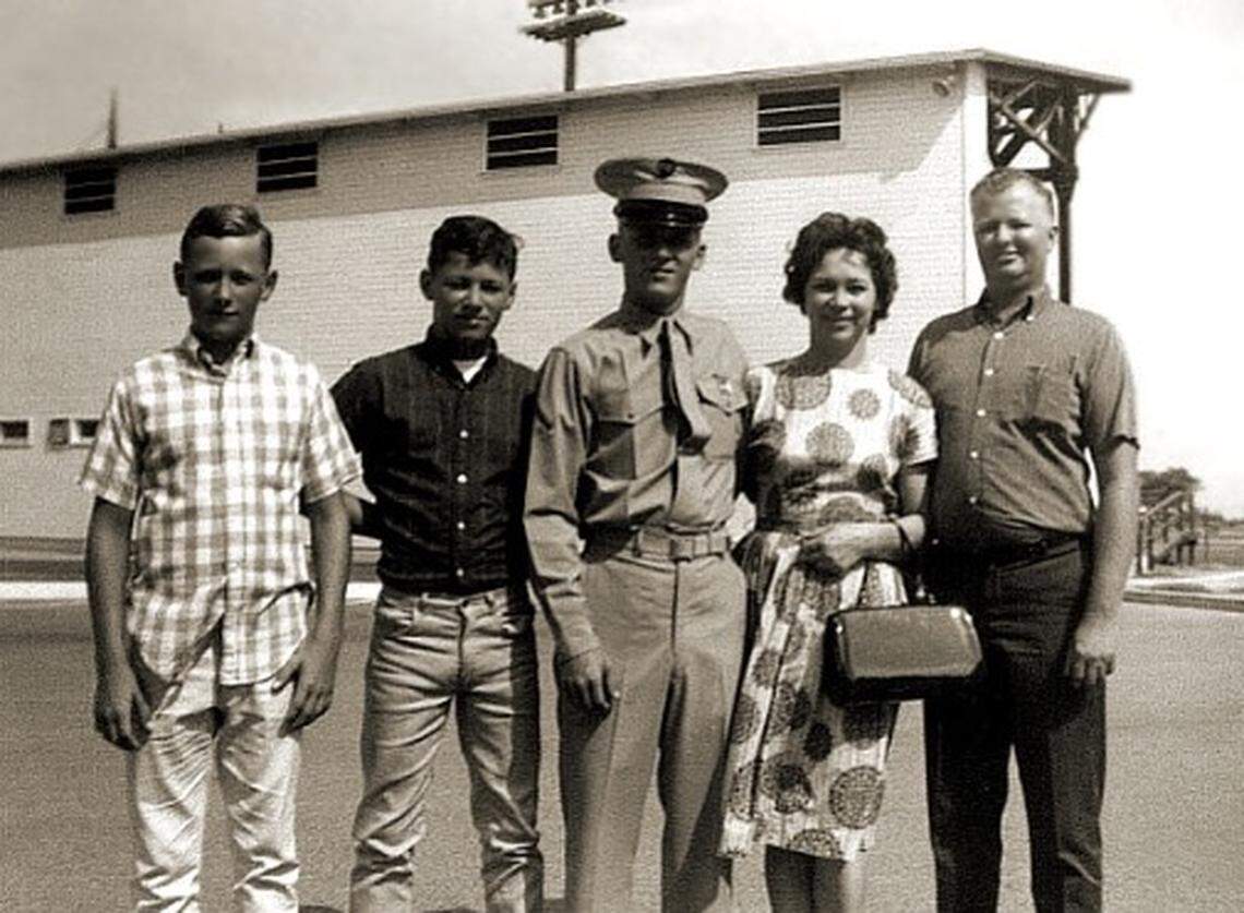 Cpl. Stephen Austin, center, with his family, from left, brothers Allen and Dean, and parents Lorene and Albert, in the mid-1960s at Marine Corps Base Camp Pendleton in Southern California.