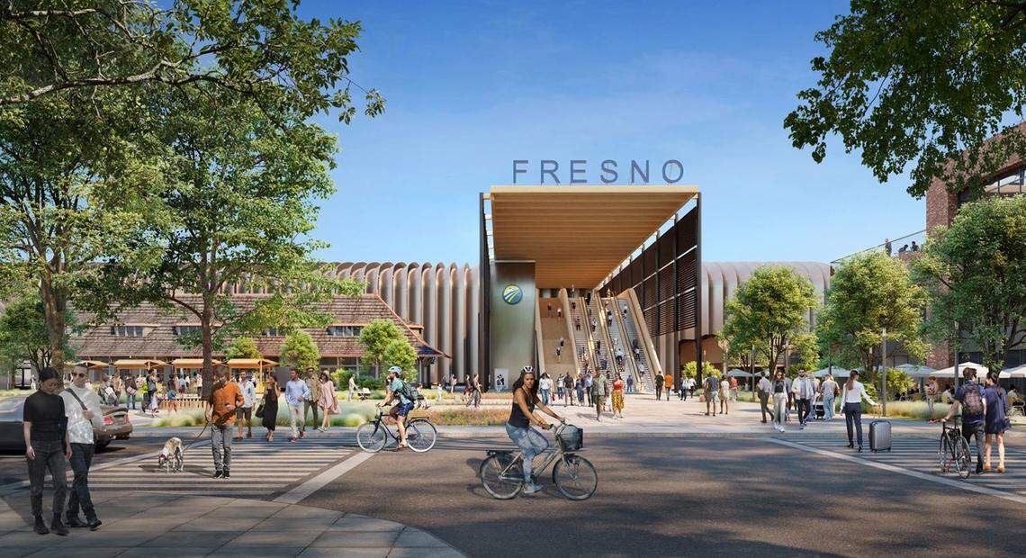 An artist’s rendering shows a possible view of a future high-speed rail passenger station in downtown Fresno. 