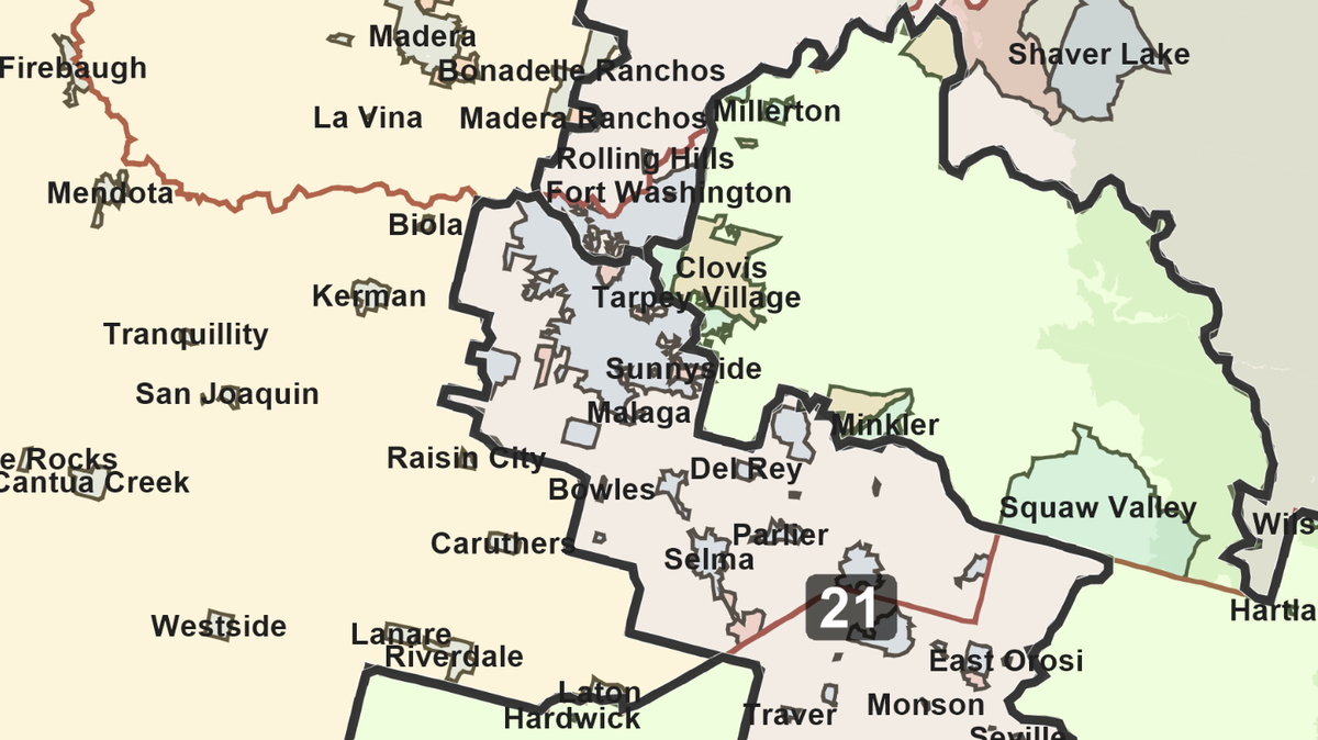 The final map approved Monday, Dec. 20, 2021, by California’s Citizens Redistricting Commission shows the Fresno-Clovis metro area divided into three congressional districts for the next decade.