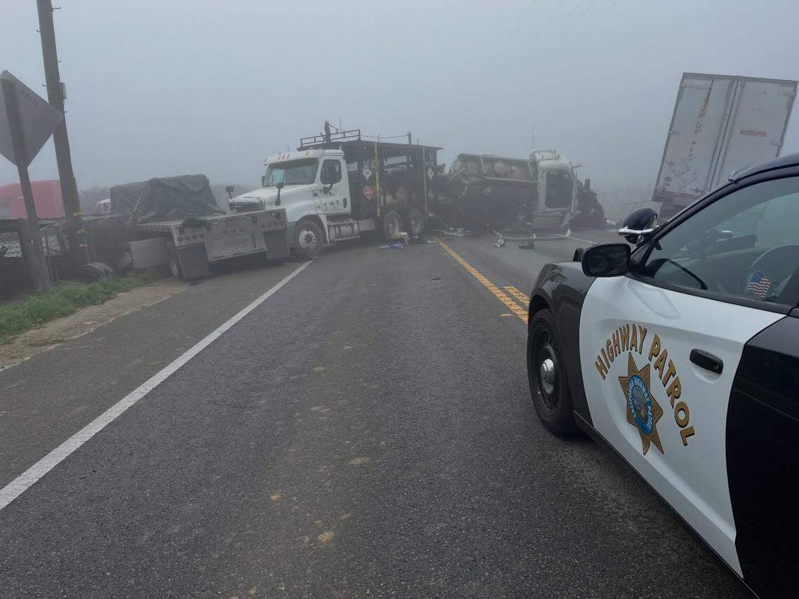Fog is blamed for four commercial trucks colliding on Highway 43, between Kingsburg and Laton in Fresno County on Friday, Jan. 16, 2026.