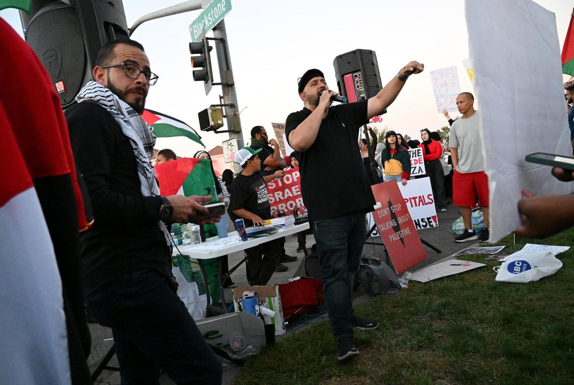 Hundreds of Palestinian supporters rallied at Blackstone and Nees avenues to show support for Palestinians Tuesday evening, Oct. 17, 2023 in Fresno.