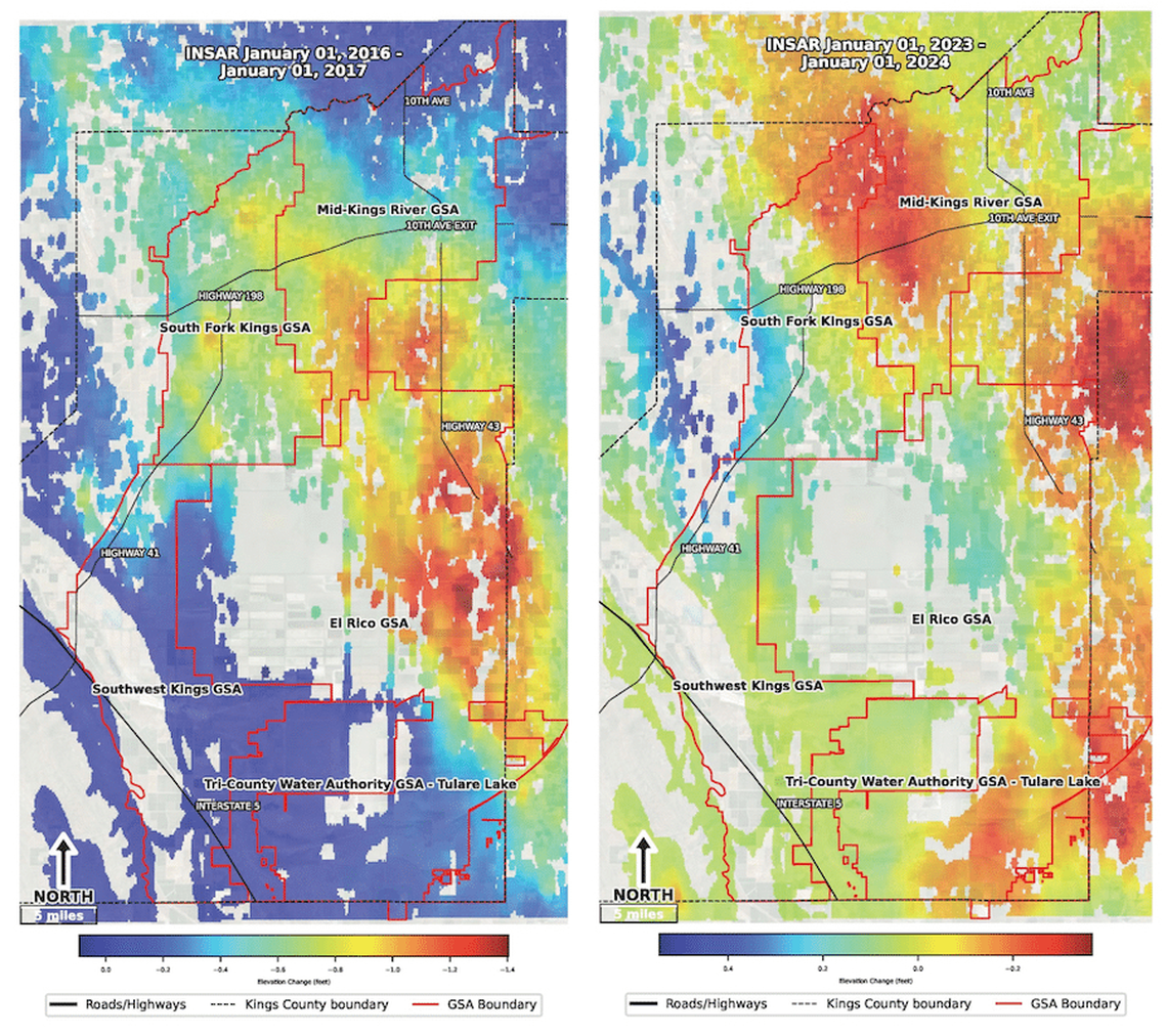 Land elevation maps of Kings County show where land is sinking except in the El Rico Groundwater Sustainability Agency, which almost exclusively covers J.G. Boswell Farming Company lands. El Rico has said it intends to allow so much pumping it will sink the Tulare Lake bed, including the town of Corcoran, by another 10 feet.