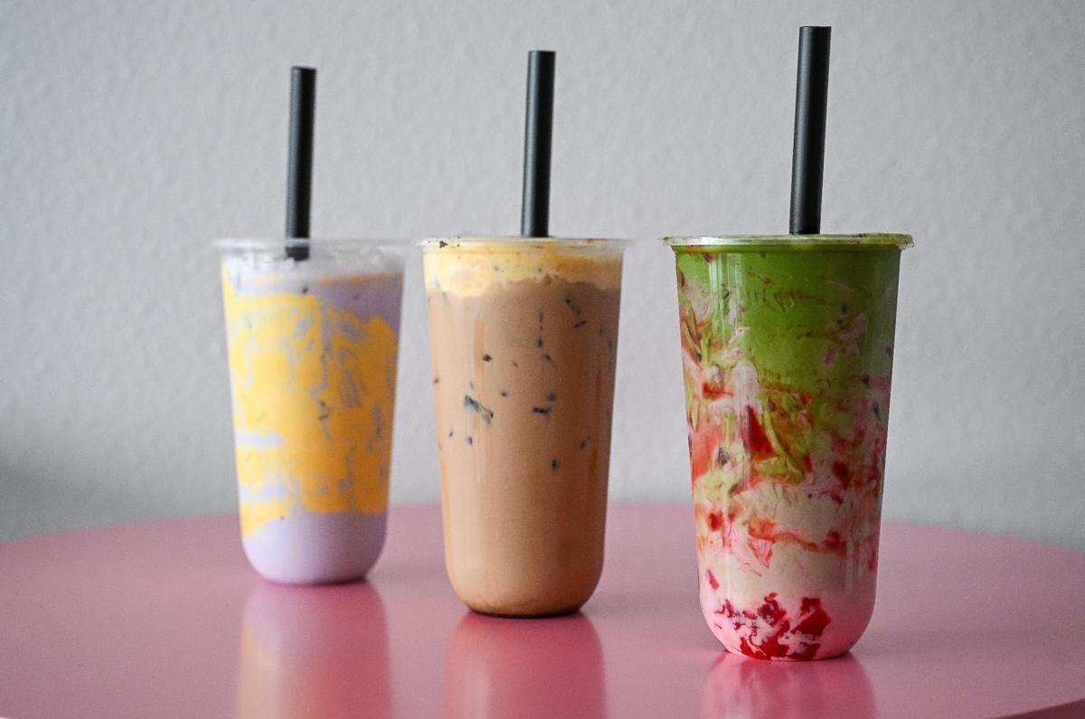 Various boba tea drinks, from left, XO Tiramisu, Run Ube Run, and Bubble Pop Special, are among the popular flavors at Bubble Pop Tea, a K-pop-themed boba tea shop in Fresno.