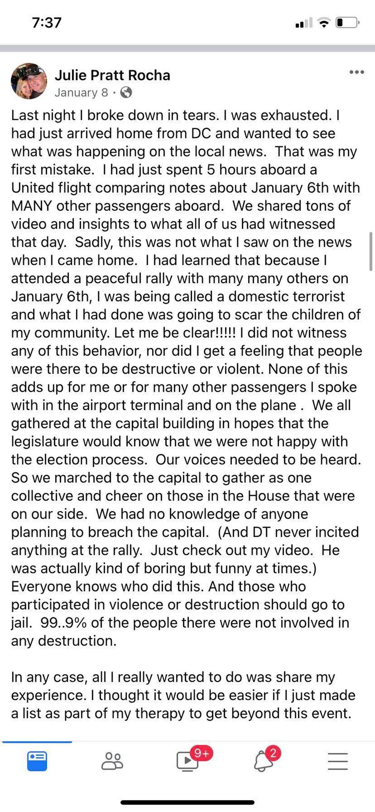 Julie Rocha’s Facebook posting following her taking part at the Capitol rally on Jan. 6 in Washington, D.C.
