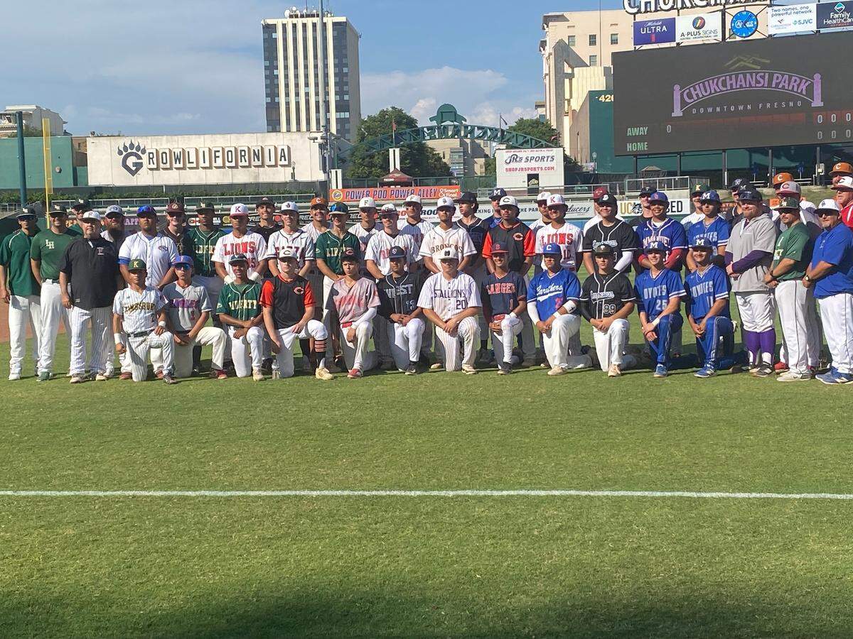 The County poses for a team photo before the City/County All-Star baseball game at Chukchansi Park in Fresno, California on Sunday, June 8, 2025.