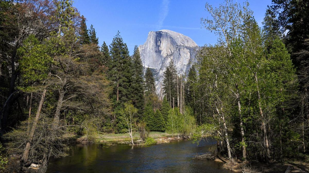 Yosemite National Park’s famous Half Dome comes into view from Sentinel Bridge on a spring day on Friday, April 23, 2021.