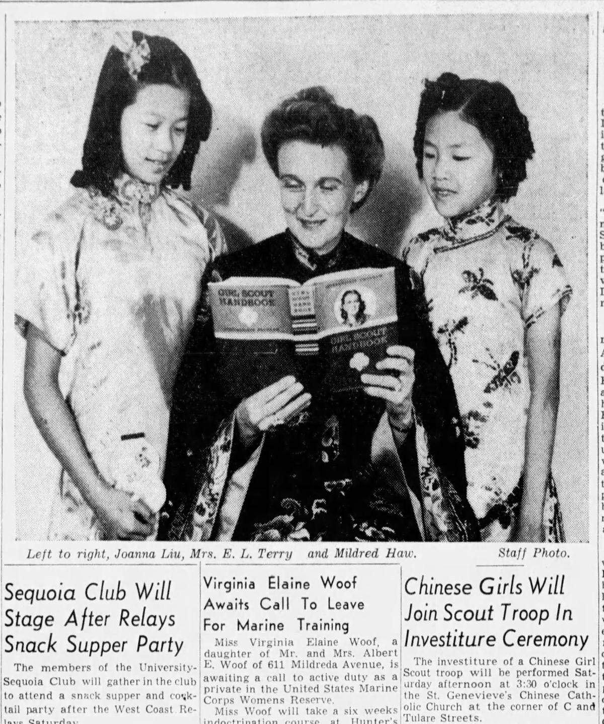 A screenshot of a story in The Fresno Bee on Wednesday, May 19, 1943 discusses a Chinese Girl Scout troop ceremony held at St. Genevieve’s Chinese Catholic Church.