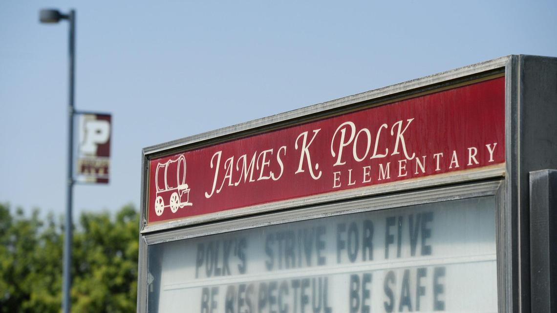 The school sign and marquee photographed at James K. Polk Elementary School in the Central Unified District of Fresno on Thursday, Sept. 16, 2021.