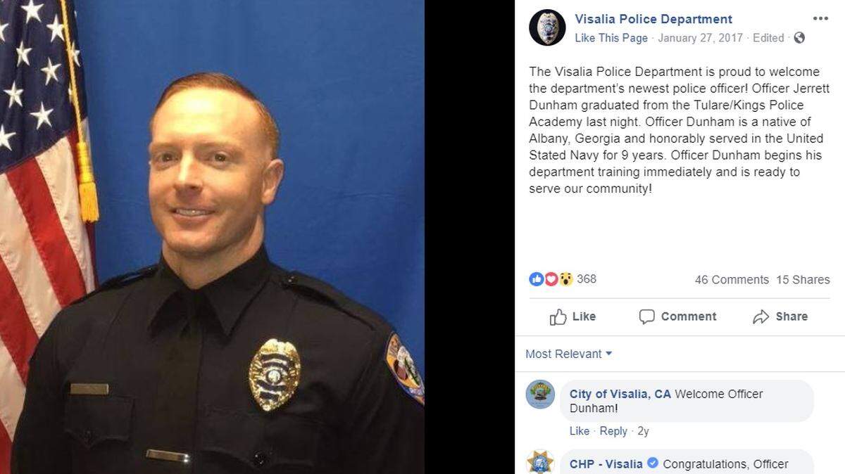 A screenshot of a January 2017 Facebook post from the Visalia Police Department announcing Jerrett Dunham as a new police officer.