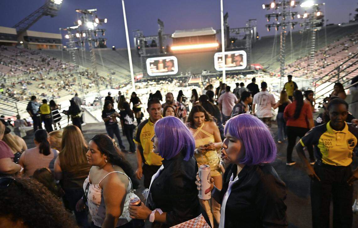 Fans enter Valley Children's Stadium for Colombian singer Shakira's performance at her sold out Las Mujeres Ya No Lloran World Tour show August 7, 2025 in Fresno.