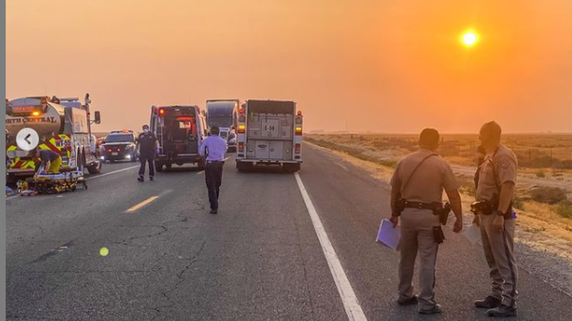 CHP officers respond to a head-on collision on Highway 180 near James Road in Fresno County on Tuesday, Aug. 17, 2021. Two people were killed and an infant was injured.