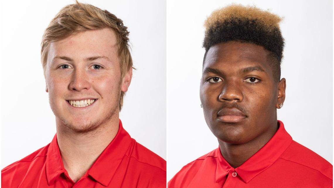 Fresno State’s All-Mountain West Conference first-teamers, linebacker Justin Rice, left, and defensive end Mykal Walker.