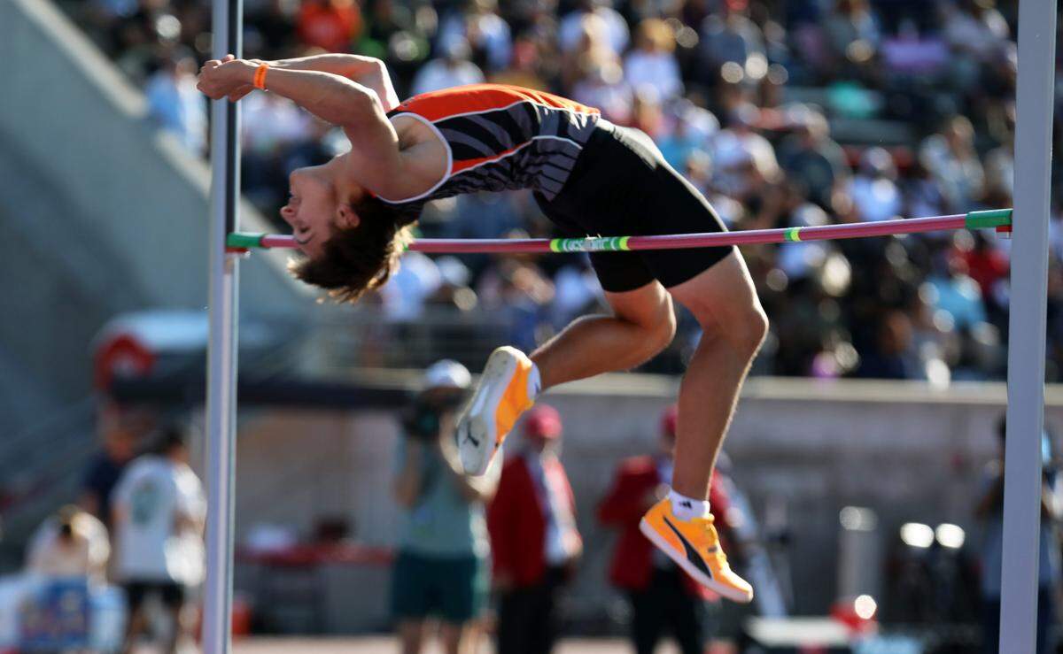 Selma High senior Malachi Carrasco clears 6-foot-9 in the boys high jump at the 2024 CIF State Track and Field Championships at Buchanan High (Clovis) on May 25, 2024. He finished fourth.