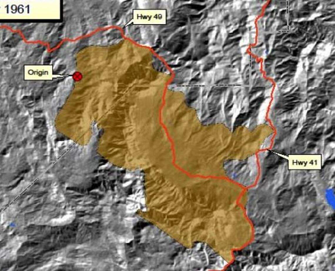 The boundaries of the July 1961 Harlow Fire, which burned more than 43,000 acres in Madera and Mariposa counties, are shown in a 2009 fire management plan published by Cal Fire’s Madera-Mariposa-Merced unit.