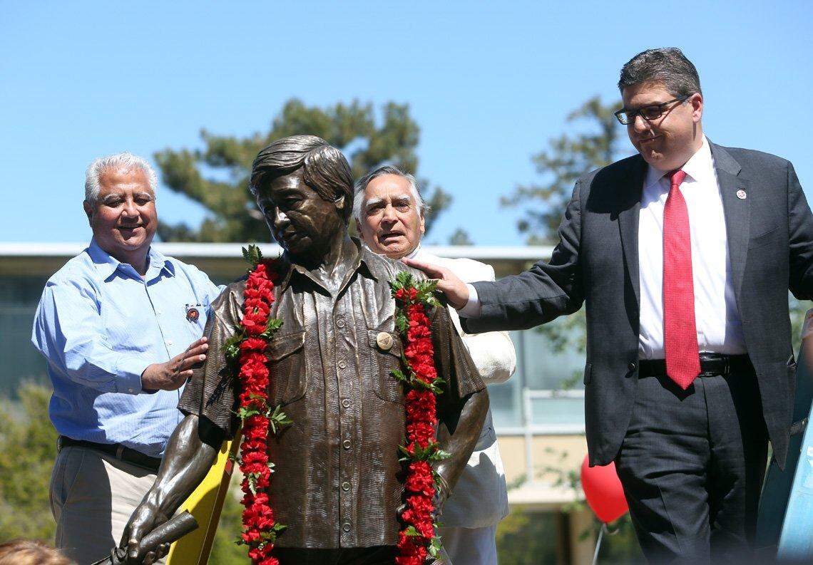 Paul Chávez, professor Dr. Sudarshan Kapoor and Fresno State President Joseph Castro at the ceremony in 2016.