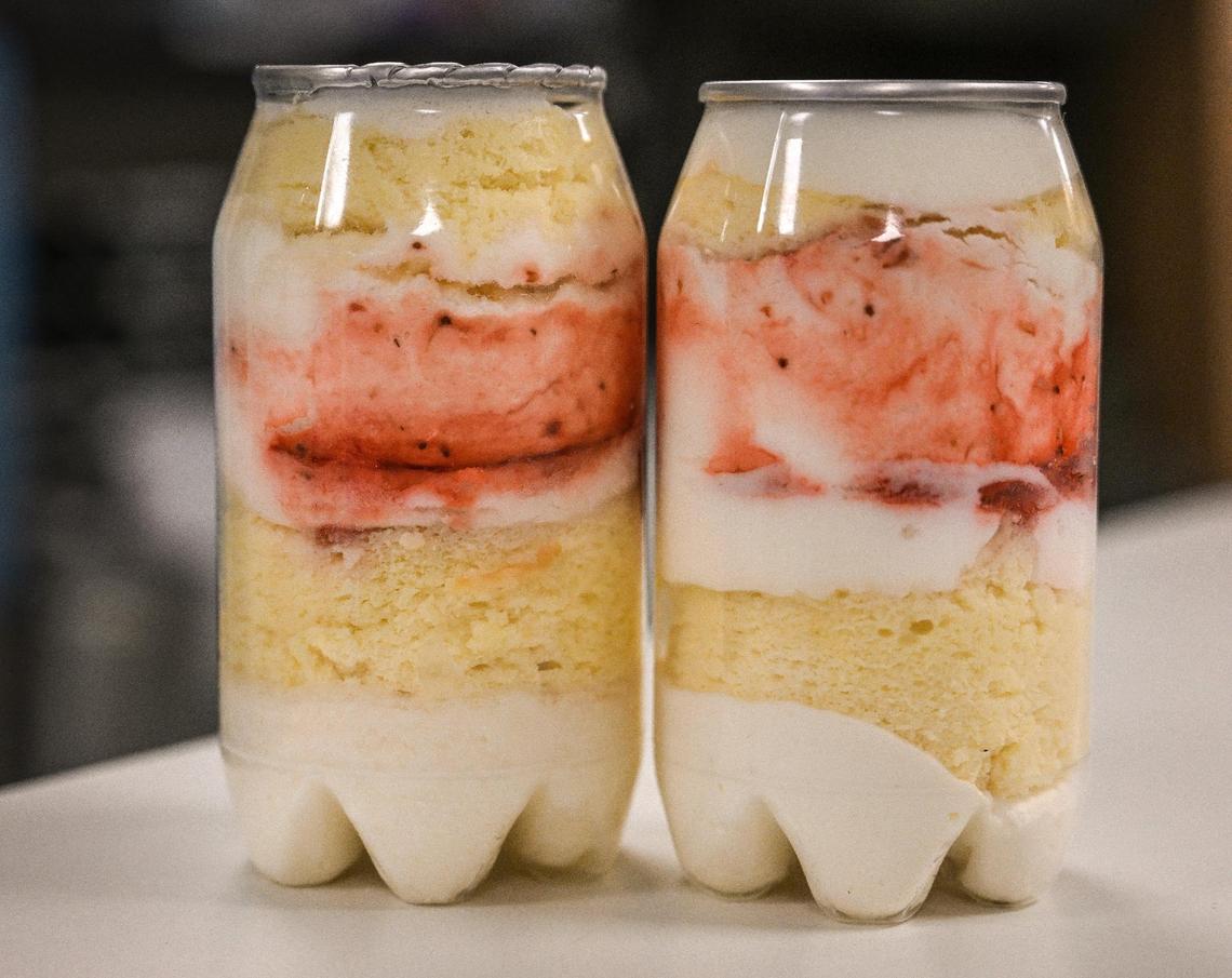 Strawberry sundae style Japanese cheesecakes, packaged in plastic soda can containers from Saint Goods prepared inside the Clovis Culinary Center on Wednesday, Nov. 15, 2023.