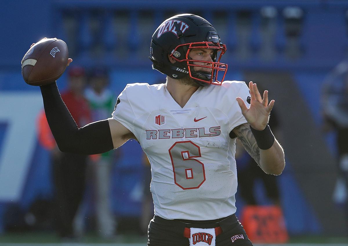 UNLV quarterback Max Gilliam (6)  looks to pass during the Rebels’ 50-37 loss to the Spartans in San Jose, Saturday, Oct. 27, 2018. Gilliam, playing for an injured Armani Rogers, has completed 55 percent of his passes with 12 touchdowns and six interceptions.