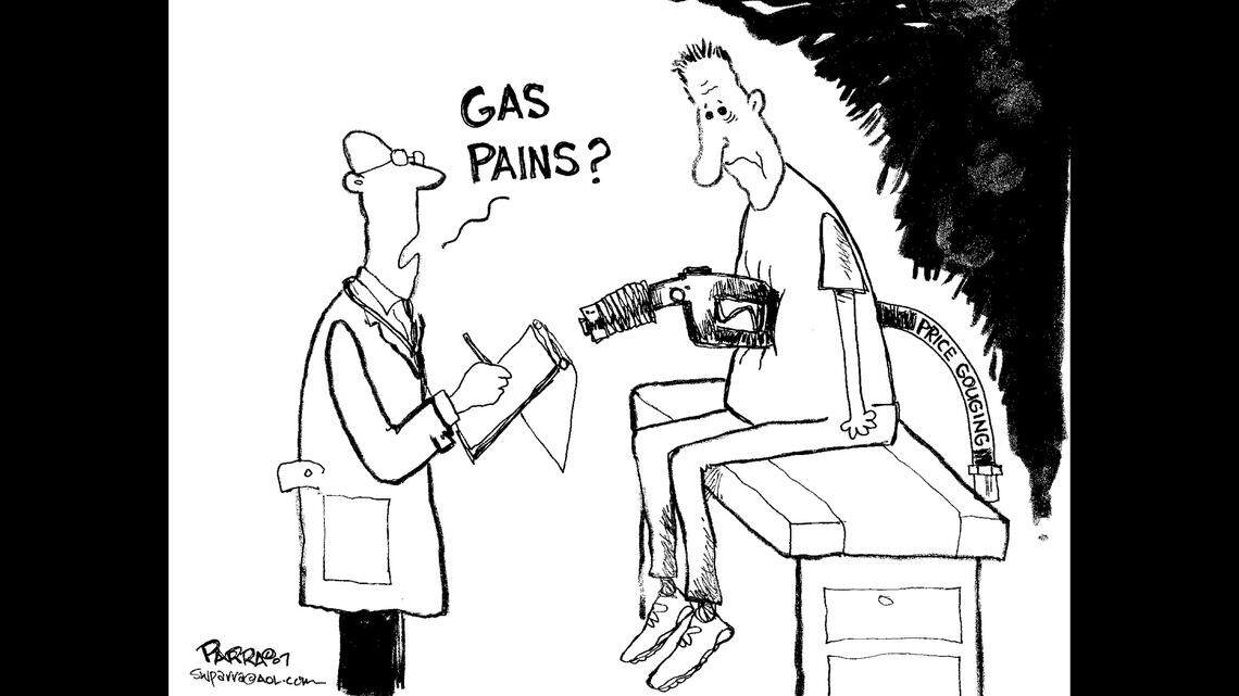 Getting gouged by gas prices: SW Parra opinion cartoon for The Bee and Sun-Star