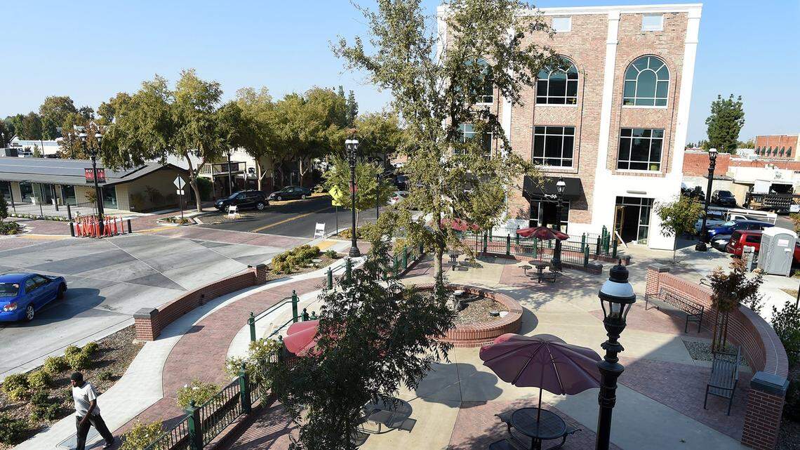 Centennial Plaza at Pollasky Street and Bullard Avenue in the SoFi District, which is south of 5th Street in Old Town Clovis. Ten people are campaigning for three seats on the City Council.