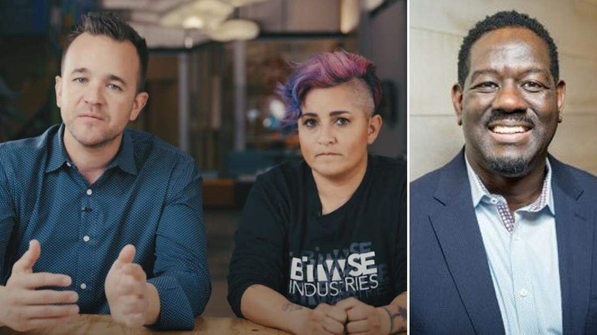 Former Bitwise Industries co-CEOs Jake Soberal, left, Irma Olguin Jr., center, pictured in a frame from a 2022 video presentation, and interim president Ollen Douglass, right, are named as defendants in several lawsuits filed against the company since June 1, 2023.
