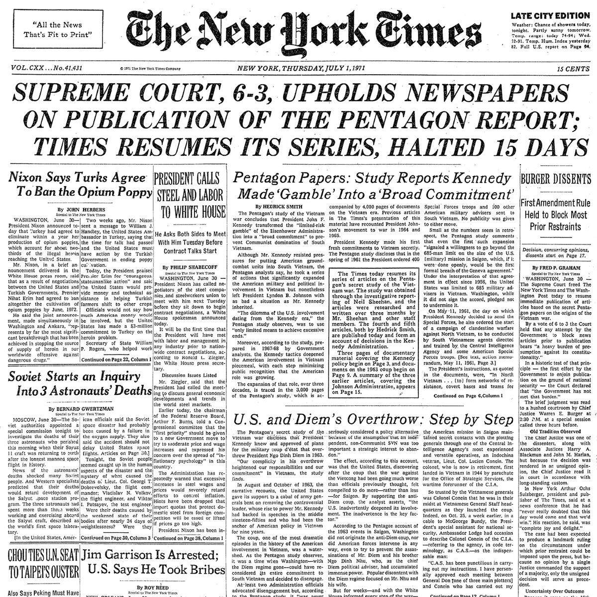 The top of the front page of The New York Times reporting its victory at the U.S. Supreme Court in the Pentagon Papers case.