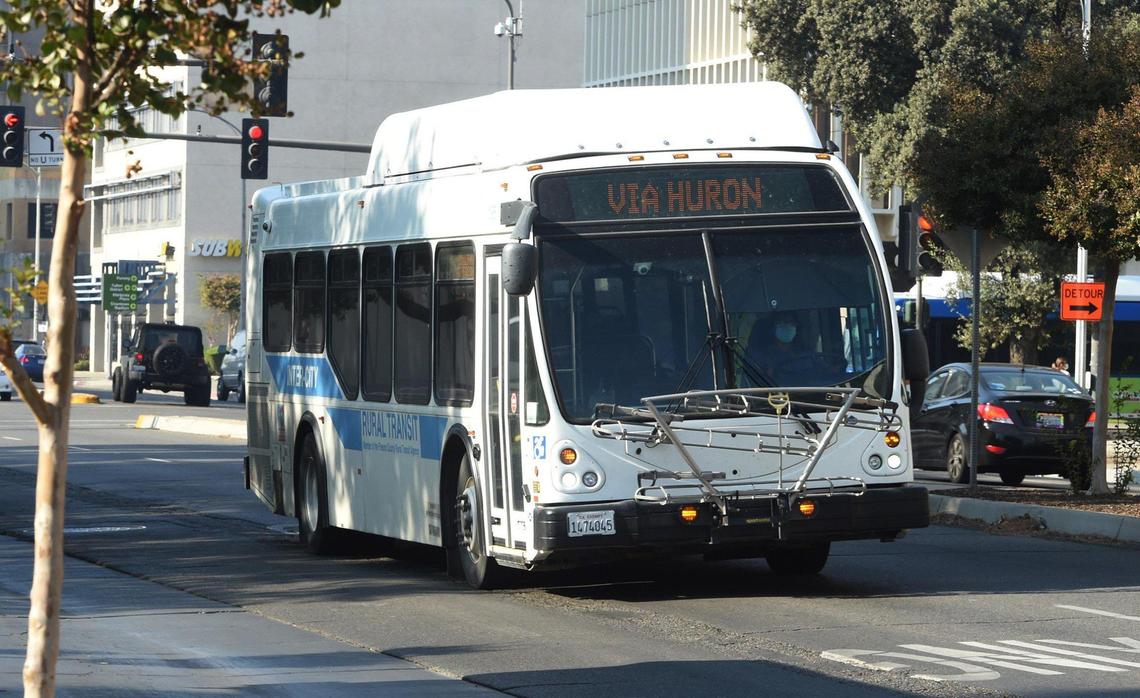 One of the Fresno County Rural Transit Agency buses, this one from Huron/Coalinga, pulls into downtown Fresno, Oct. 28, 2021.