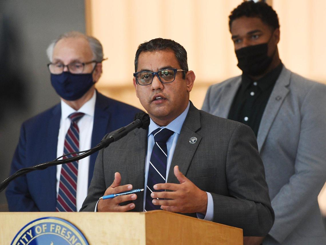 Fresno City Council president Miguel Arias, with Fresno Mayor Lee Brand, announces the latest news about the Maxie L. Parks Community Center contamination at a press conference Monday, Oct. 12, 2020.