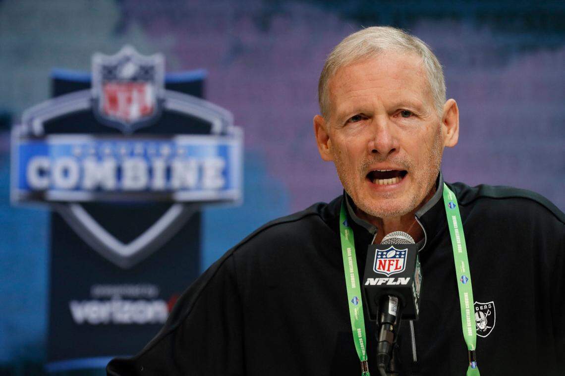 FILE - In this Feb. 25, 2020, file photo, Las Vegas Raiders general manager Mike Mayock speaks during a news conference at the NFL football scouting combine in Indianapolis.