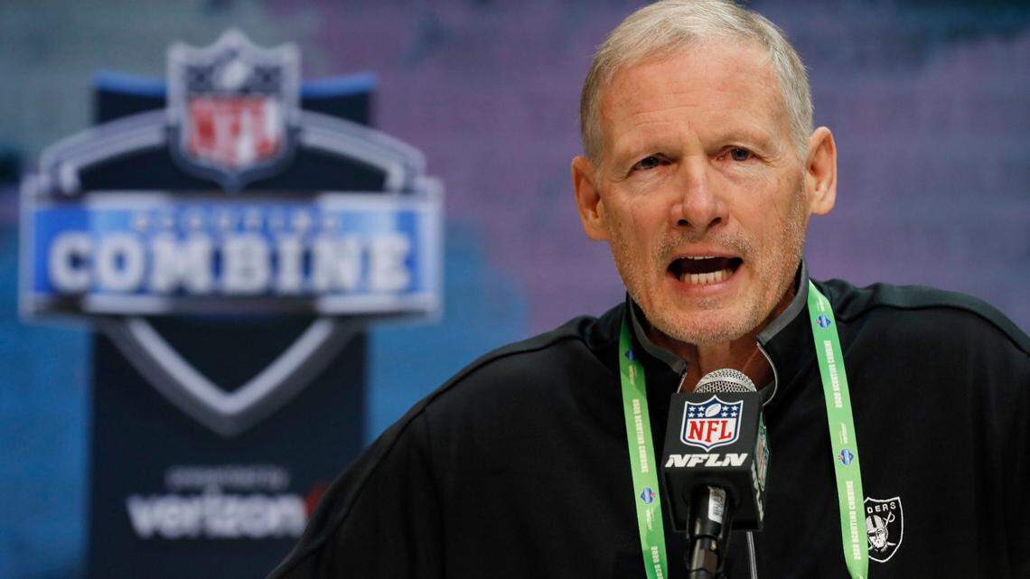 FILE - In this Feb. 25, 2020, file photo, Las Vegas Raiders general manager Mike Mayock speaks during a news conference at the NFL football scouting combine in Indianapolis.