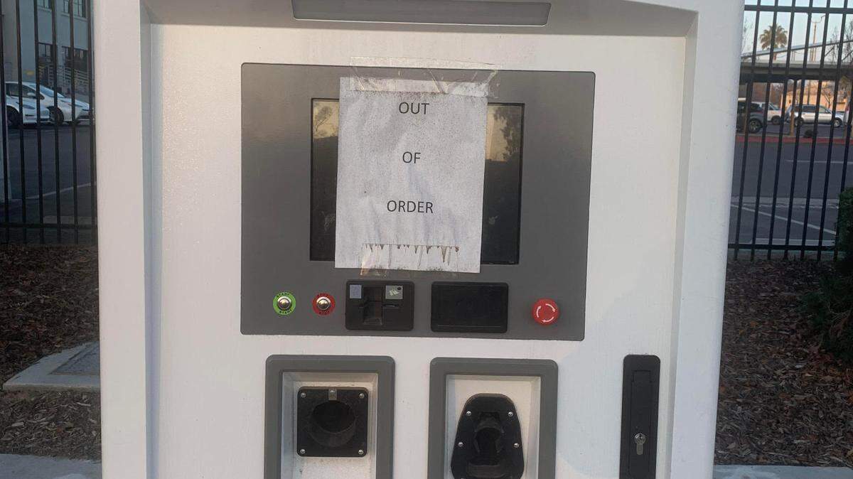 Multiple electric vehicle chargers are broken near Olive Avenue and Highway 99 after they their cables were vandalized recently.