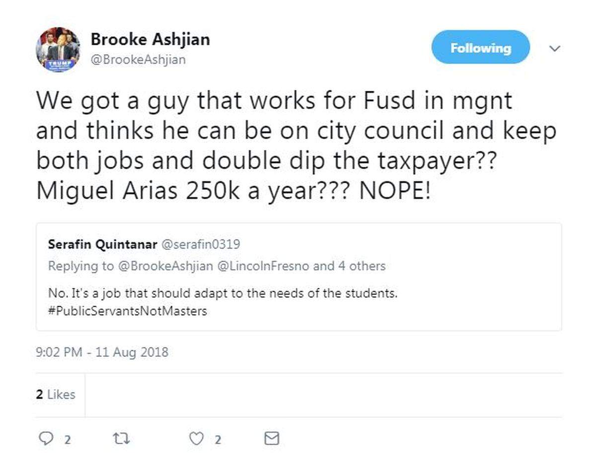 Fresno Unified trustee Brooke Ashjian in a tweet questions whether a city council candidate should be able to keep his district job.