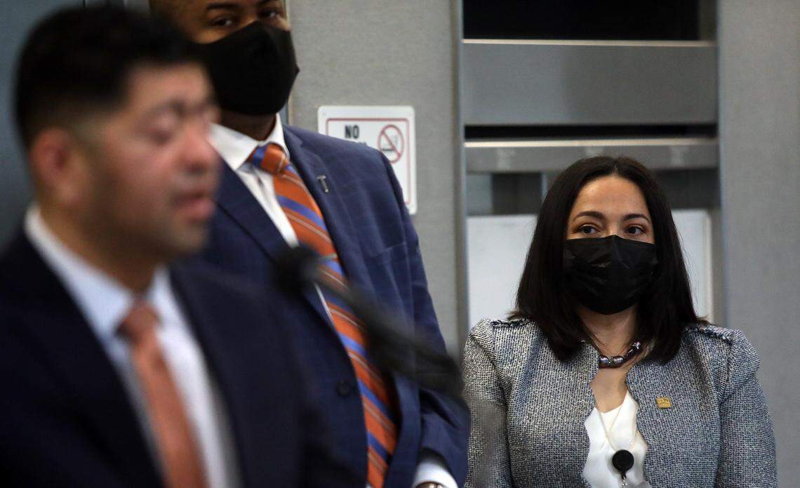 Latino community liaison Alma Martínez listens during a Dec. 7, 2021 press conference at Fresno City Hall, where city leaders announced the creation of the Office of Community Affairs.