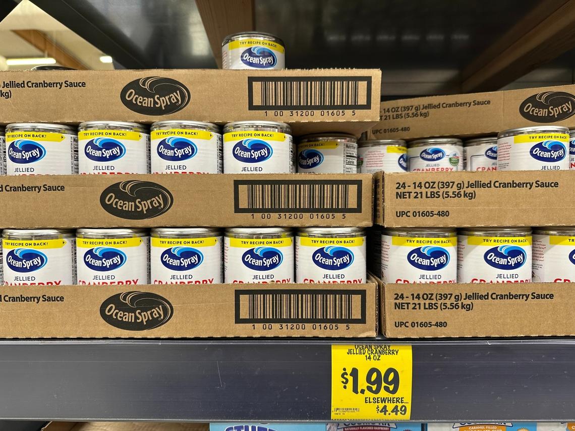 A can of Ocean Spray jellied cranberry sauce at Grocery Outlet, 1848 Clovis Ave. in Fresno, priced at $1.99 on Thursday, Nov. 20, 2024.