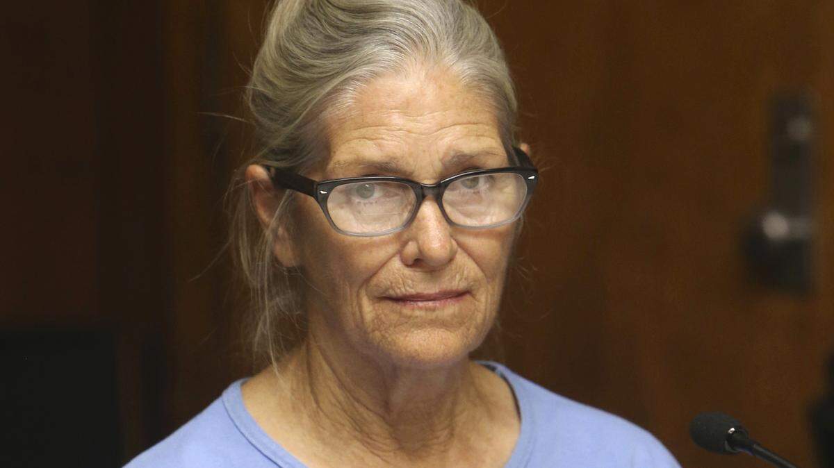 This Sept. 6, 2017 file photo shows Leslie Van Houten at her parole hearing at the California Institution for Women in Corona, Calif. She was convicted of the LaBianca murders. While incarcerated, she earned bachelor’s and master’s degrees in counseling, was certified as a counselor and headed numerous programs to help inmates. In September 2017, she was recommended for release, which happened in July. (Stan Lim/Los Angeles Daily News via AP, Pool, File)