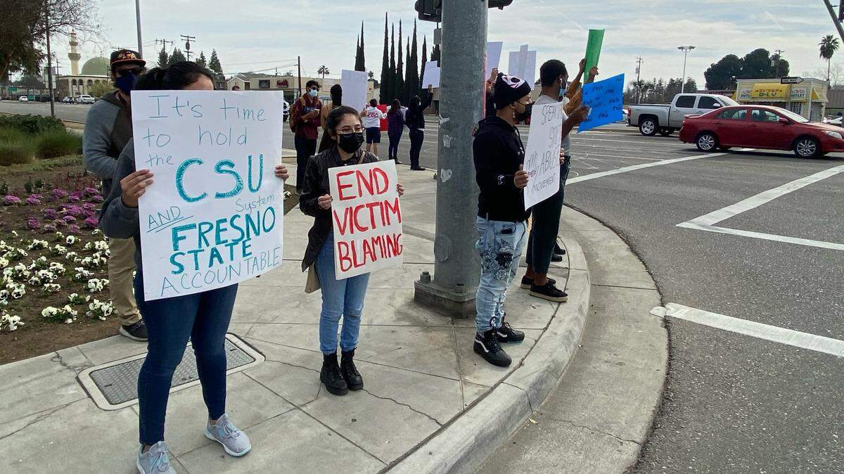 Students and other supporters gathered at all four corners of Shaw and Cedar avenues, at the edge of the Fresno State campus on Saturday, Feb. 5, 2022, to protest California State University Chancellor Joseph Castro’s handling of allegations concerning sexual harassment while he was Fresno State’s president.