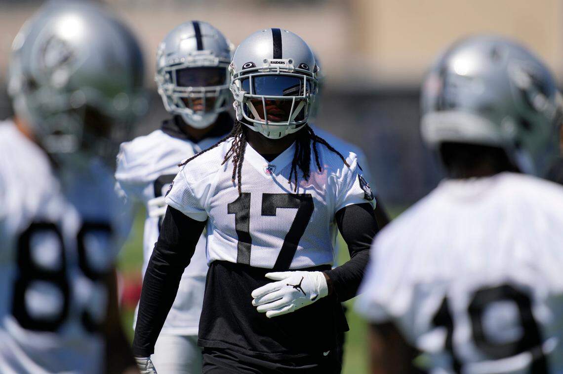 Las Vegas Raiders wide reciever Davante Adams during practice at the team’s practice facility Thursday, June 2, 2022, in Henderson, Nev.